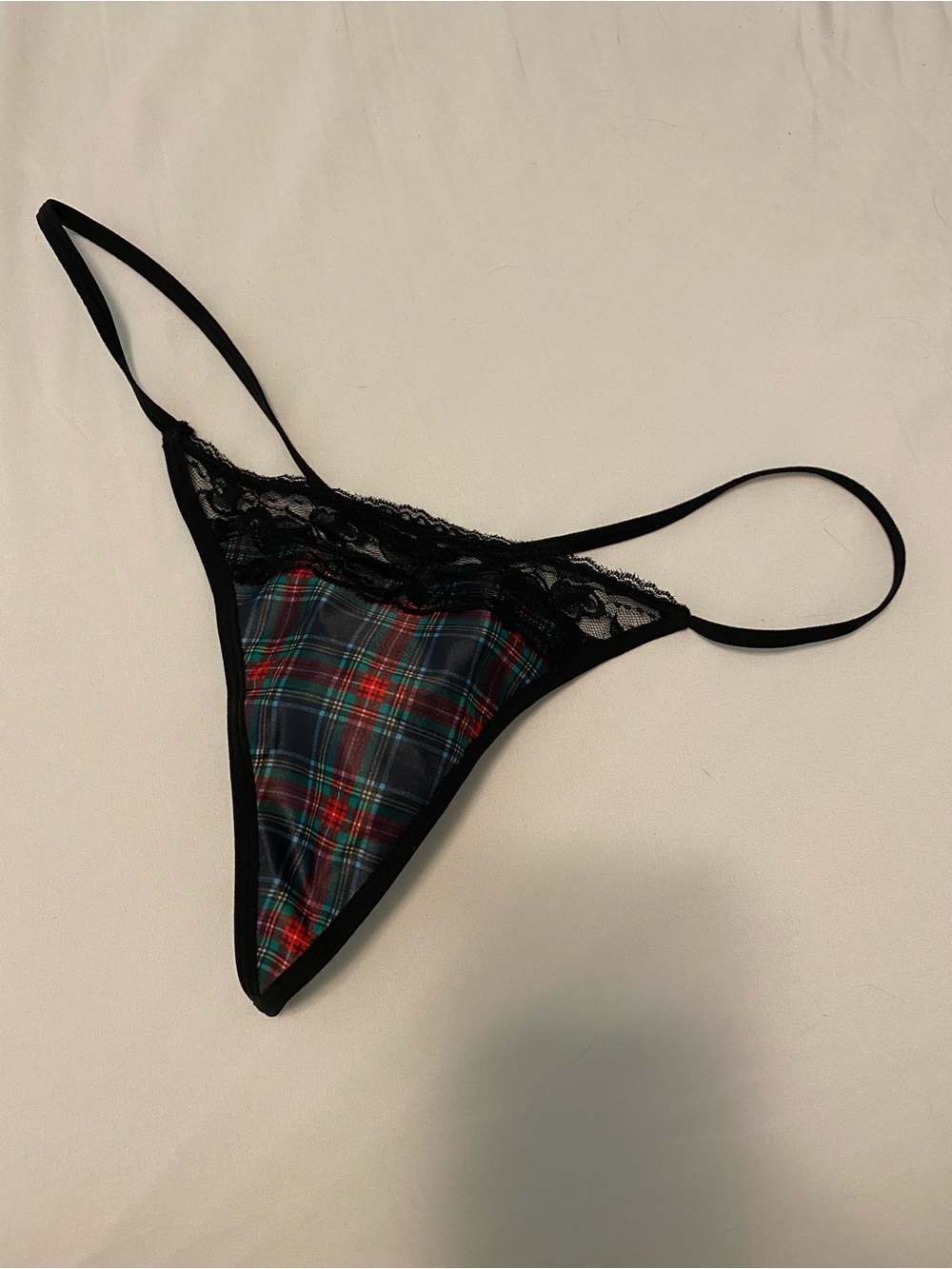 NWT Adore Me Black Lace-Trim Red & Green Plaid Thong
